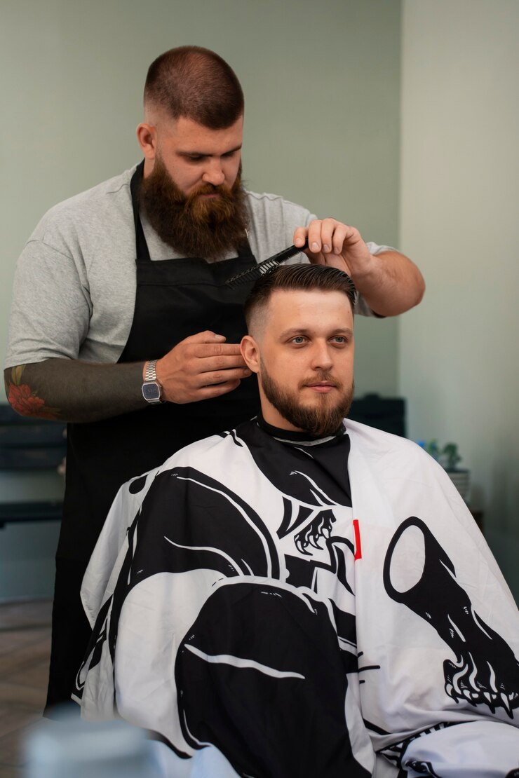 front view plus size man working as hairstylist 23 2150754694